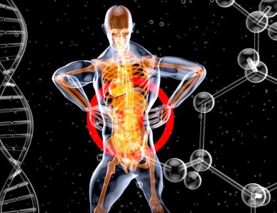 a skeleton with a red and blue body suit and long legs