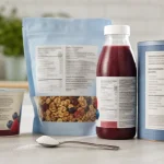 Generic breakfast foods with blurred nutrition panels and a measured teaspoon of sugar.