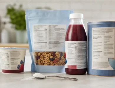 Generic breakfast foods with blurred nutrition panels and a measured teaspoon of sugar.