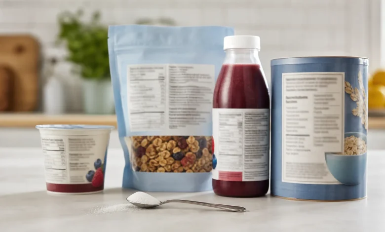 Generic breakfast foods with blurred nutrition panels and a measured teaspoon of sugar.