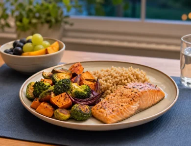 A weeknight dinner plate with salmon, brown rice, roasted vegetables, fruit and water.