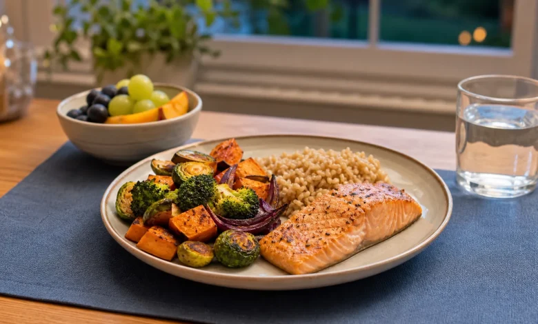 A weeknight dinner plate with salmon, brown rice, roasted vegetables, fruit and water.