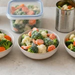 Fresh, frozen and canned mixed vegetables arranged in three bowls on a kitchen counter.