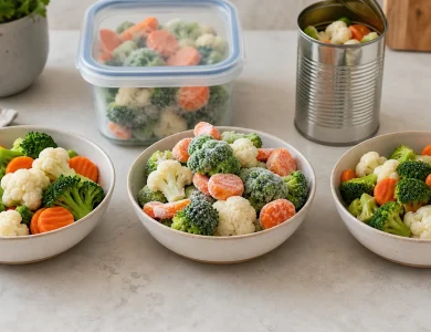 Fresh, frozen and canned mixed vegetables arranged in three bowls on a kitchen counter.