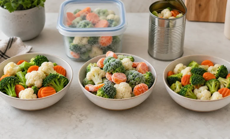 Fresh, frozen and canned mixed vegetables arranged in three bowls on a kitchen counter.
