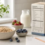 An unbranded cereal box beside oats, berries and a grocery note on a kitchen counter.