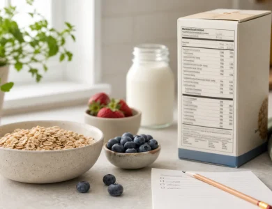 An unbranded cereal box beside oats, berries and a grocery note on a kitchen counter.
