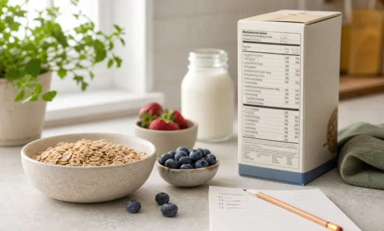 An unbranded cereal box beside oats, berries and a grocery note on a kitchen counter.