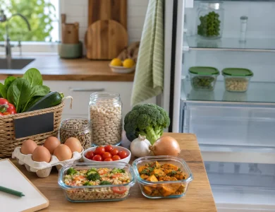 A modest set of groceries and two glass meal containers beside an open, organized refrigerator.