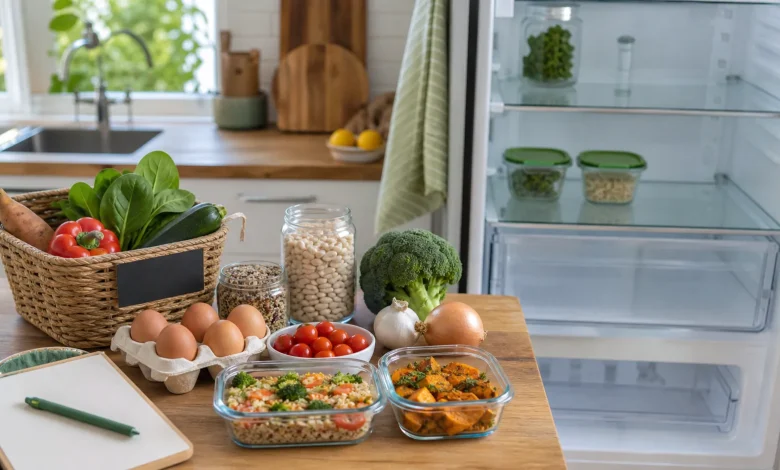 A modest set of groceries and two glass meal containers beside an open, organized refrigerator.