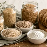 Jars and bowls of oats, brown rice, barley and quinoa beside whole-grain and white bread.