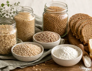 Jars and bowls of oats, brown rice, barley and quinoa beside whole-grain and white bread.