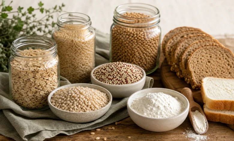 Jars and bowls of oats, brown rice, barley and quinoa beside whole-grain and white bread.